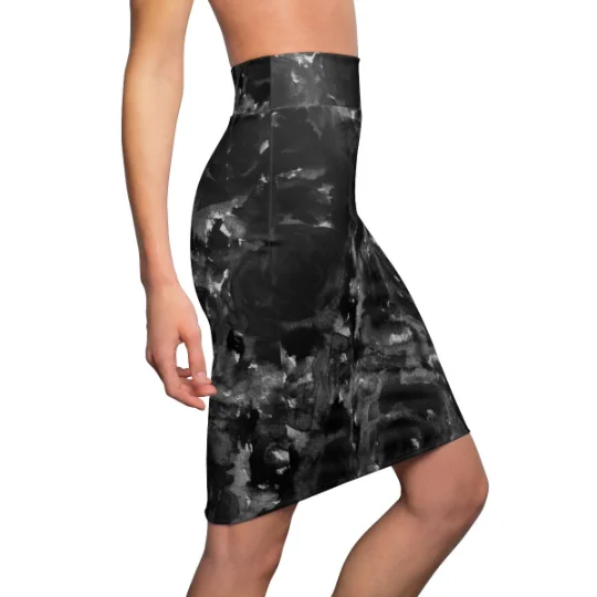 Gray Abstract Pencil Skirt, Black Rose Floral Print Women's Stretchy Pencil Skirt-Made in USA velvet skirt plush